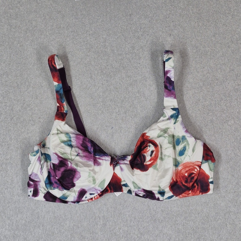 Cacique Women Bra 42D White Floral Unlined Full Coverage T Shirt Underwired